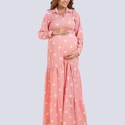 Polka-Dot Print Gown Dress with Belt-image-99
