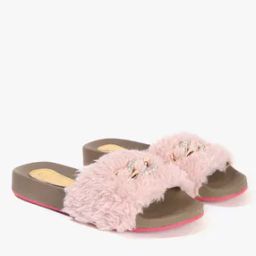 Faux-Fur Slides with Metal Accent-27