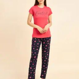 Typographic Print Round-Neck Top with Pyjamas-image-3