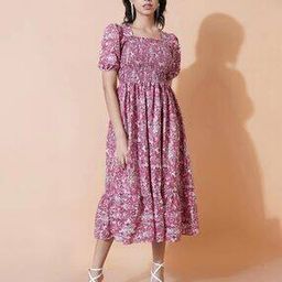 raiyani fashion Women Floral Print Smocked Fit & Flare Dress-picture-1