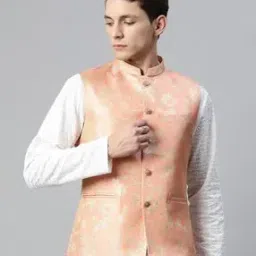 Men Floral Pattern Nehru Jacket with Welt Pockets-image-45