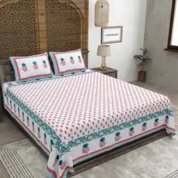 180 TC Block Print Cotton Double King-Size Bedsheet with Pillow Covers-11