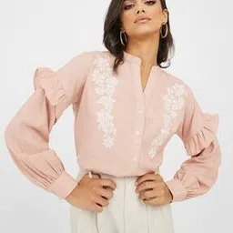 styli Women Embroidered Ruffle Detail Mandarin Collar Shirt-picture-16