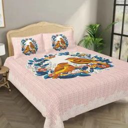 Bird Print Cotton King-Size Bedsheet with Pillow Covers-image-1