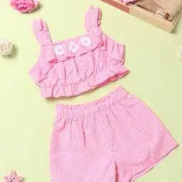 Checked Top & Shorts Set with Floral Applique-picture-19