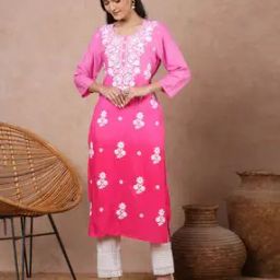 Ombre-dyed Chikankari Embroidered Viscose Rayon Straight Fit Kurta-14