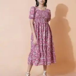 Women Floral Print Smocked A-Line Dress-image-37