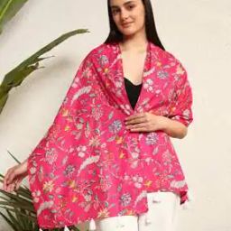 Women Hand Block Printed Cotton Tasseled Scarf-image-1