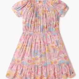 Girls Floral Print Regular Fit Tiered Dress-image-90