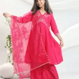 Girls Floral Embroidered A-Line Kurta Set with Dupatta-image-6