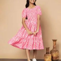 Girls Floral Print A-Line Dress-image-3