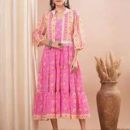 Women Printed A-Line Dress with Jacket-image-48