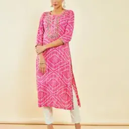 Bandhani Print Round-Neck Straight Kurta-image-46