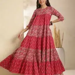 gulmohar jaipur  Cotton Ankle Length Printed 3/4 Sleeves Key Hole Neck Anarkali Gown-picture-1