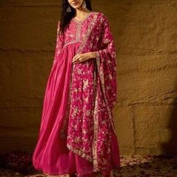 Embroidered A-Line Dress with Dupatta-image-112