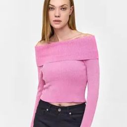 Women Bardot Ribbed Crop Sweater-image-30