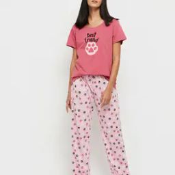 Typographic Print T-shirt & Pyjamas Set-image-90