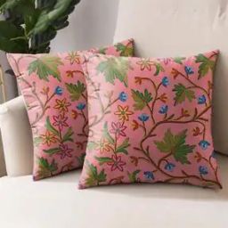 Set of 2 Floral Embroidered Square Cushion Covers 18" x 18"-picture-0