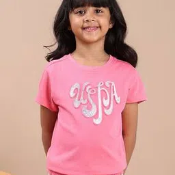 Girls Typographic Print Regular Fit Round-Neck T-Shirt-image-81