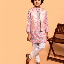 Boys Floral Print Kurta Pyjamas Set with Nehru Jacket-image-37