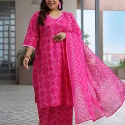 Women Bandhani Print Straight Kurta with Pants & Dupatta Set-image-70