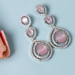 Rhodium-Plated American Diamond-Studded Drop Earrings-image-2