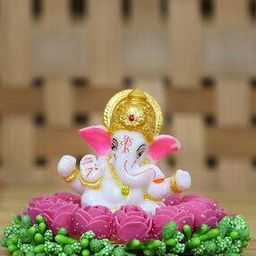 Lord Ganesha Idol on Decorative Handcrafted Plate with Pink Flowers-image-36