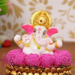 Lord Ganesha Idol on Decorative Handcrafted Plate with Pink Flowers-image-95