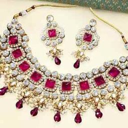 Gold-Plated Stone-Studded Necklace & Earrings Set-image-53