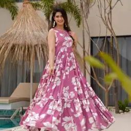 Women Floral Print Gown Dress with Tie-Up Neck-image-73