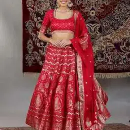 Women Floral Woven Crop Top with Skirt & Dupatta-image-20