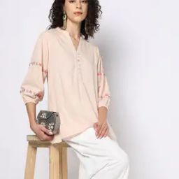 Women Relaxed Fit Top Embroidered Sleeves-image-1