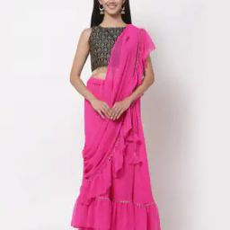 Embellished Tiered Skirt with Attached Dupatta-image-42
