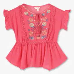 Girls Embroidered Relaxed Fit Peplum Top with Hankey Hem-image-21