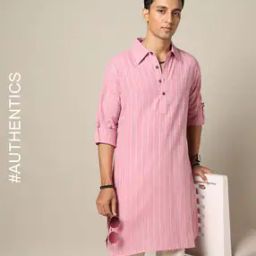 South Cotton Striped Dobby Pathani Kurta with Roll-Up Sleeves & Side Pocket-image-49