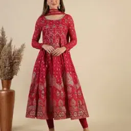 Women Floral Woven Anarkali Kurta with Pants & Dupatta-image-19