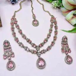 Women Stone-Studded Necklace & Earrings with Mangtika Set-image-46