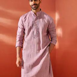 Men Embroidered Regular Fit Long Kurta with Mandarin Collar-picture-26