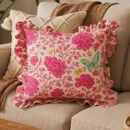 Petal Charm: Pink Floral with Frill Edges Cushion Cover-image-42