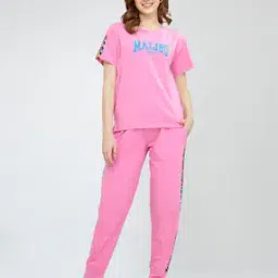 Women Typographic Print T-Shirt & Pyjamas Set-image-88