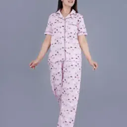 Women Heart Print Shirt & Pyjamas Nightwear Set-image-51