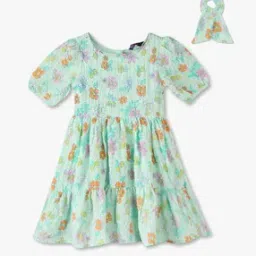 Girls Floral Print Fit & Flare Dress with Headband-image-6