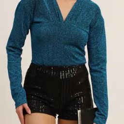 Shein Party Full Sleeves Pleated Shimmer Turquoise Bodysuit-image-59