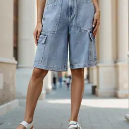 Shein High Rise Carpenter Style Cargo Denim Shorts-image-91