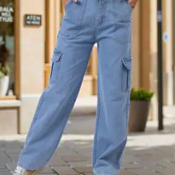 Shein High Rise Light Wash Cargo Style Straight Jeans-image-9