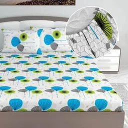 144 TC Floral Print Fitted King-Size Bedsheet with Pillow Covers-image-90