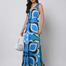 Printed V-Neck A-Line Dress with Belt-image-50