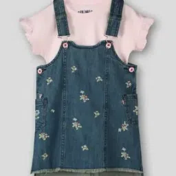 Girls Embroidered Regular Fit Dungaree & Top Set-image-14