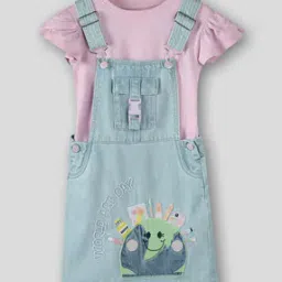 Girls Washed Regular Fit Cotton Dungaree & T-Shirt Set-image-48