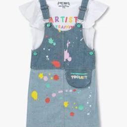 Girls Speckle Print Regular Fit Denim Dungaree & T-Shirt Set-picture-4